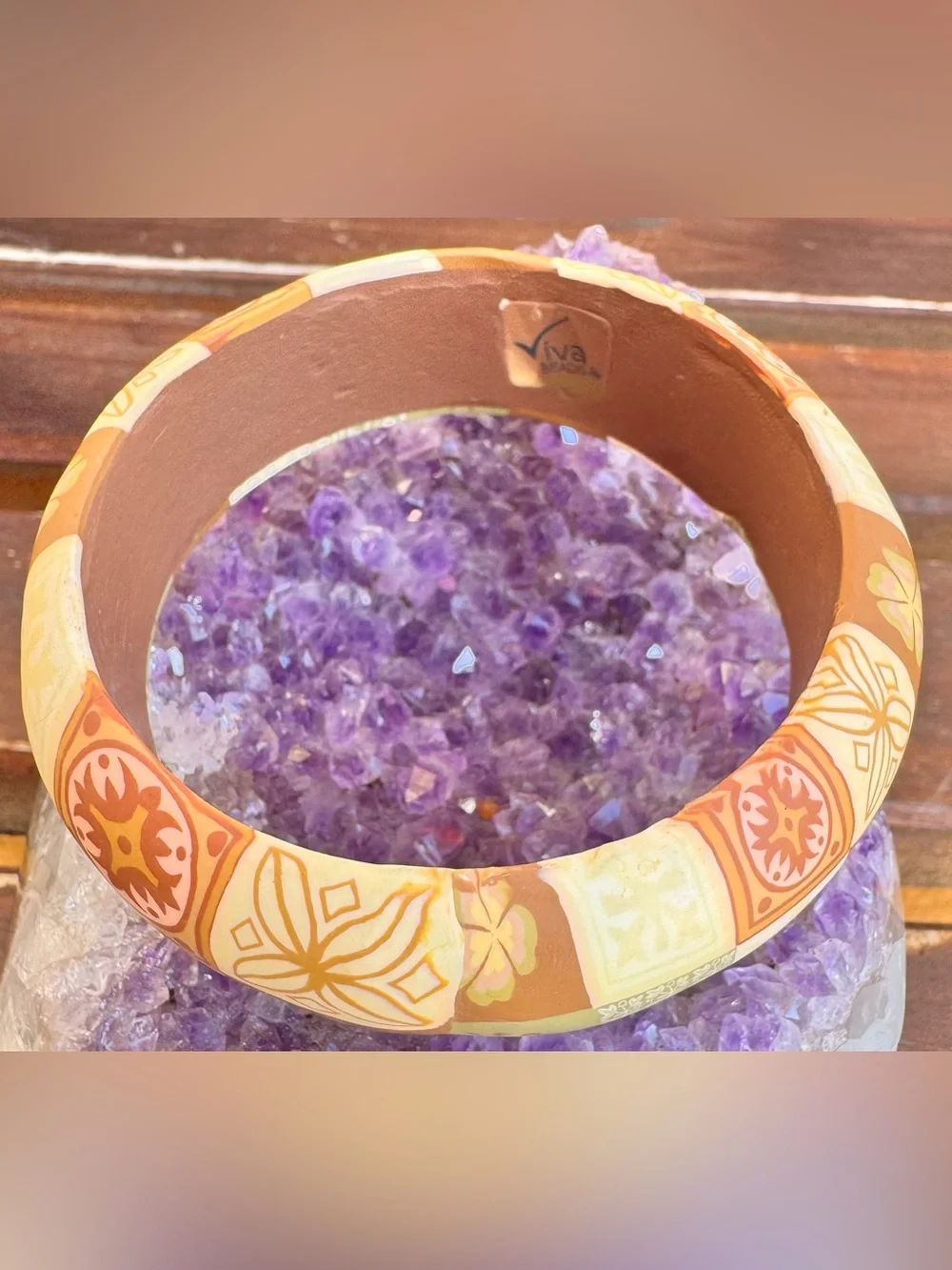 Viva Beads® Handmade Polymer Clay Wide Bangle Bracelet | Floral Patchwork Earth